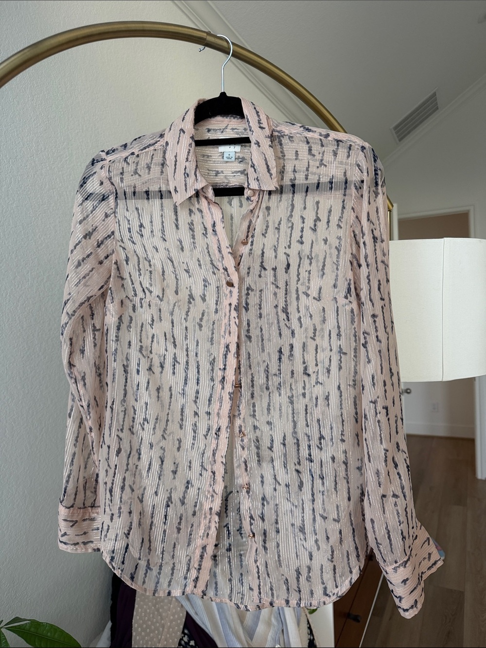 a new day Sheer Pink Button-Down Shirt with Black Accent Print